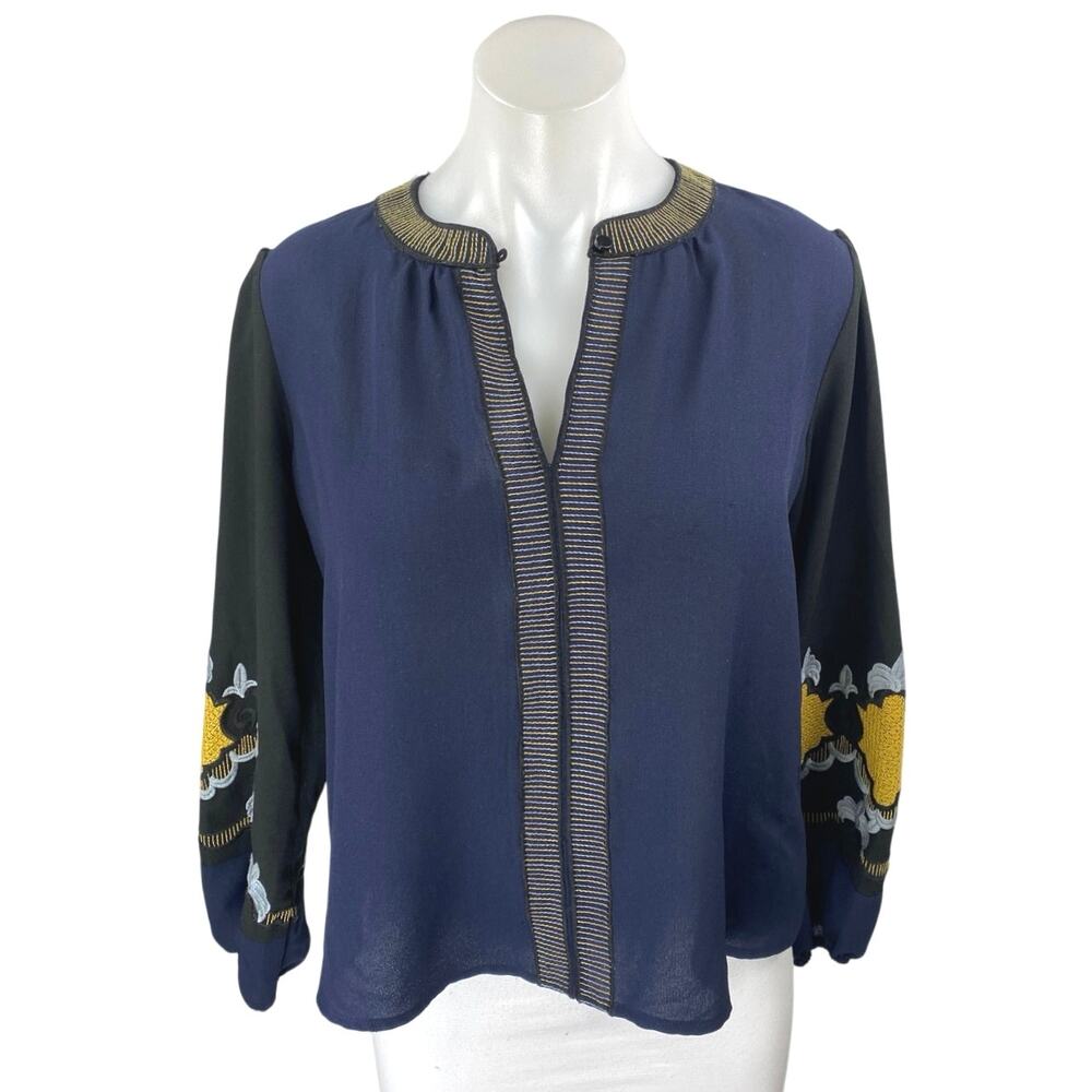 Anthropologie Vanessa Virginia Multicolor Embroidered V Neck Blouse Top Size S